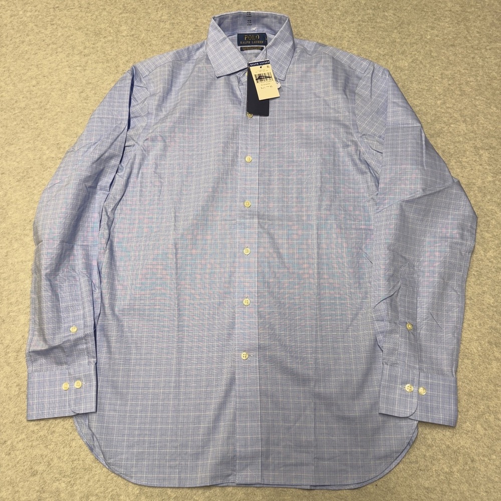Polo Ralph Lauren Dress Shirt Mens 14.5 32/33 Blue Check Classic Fit Stretch LS